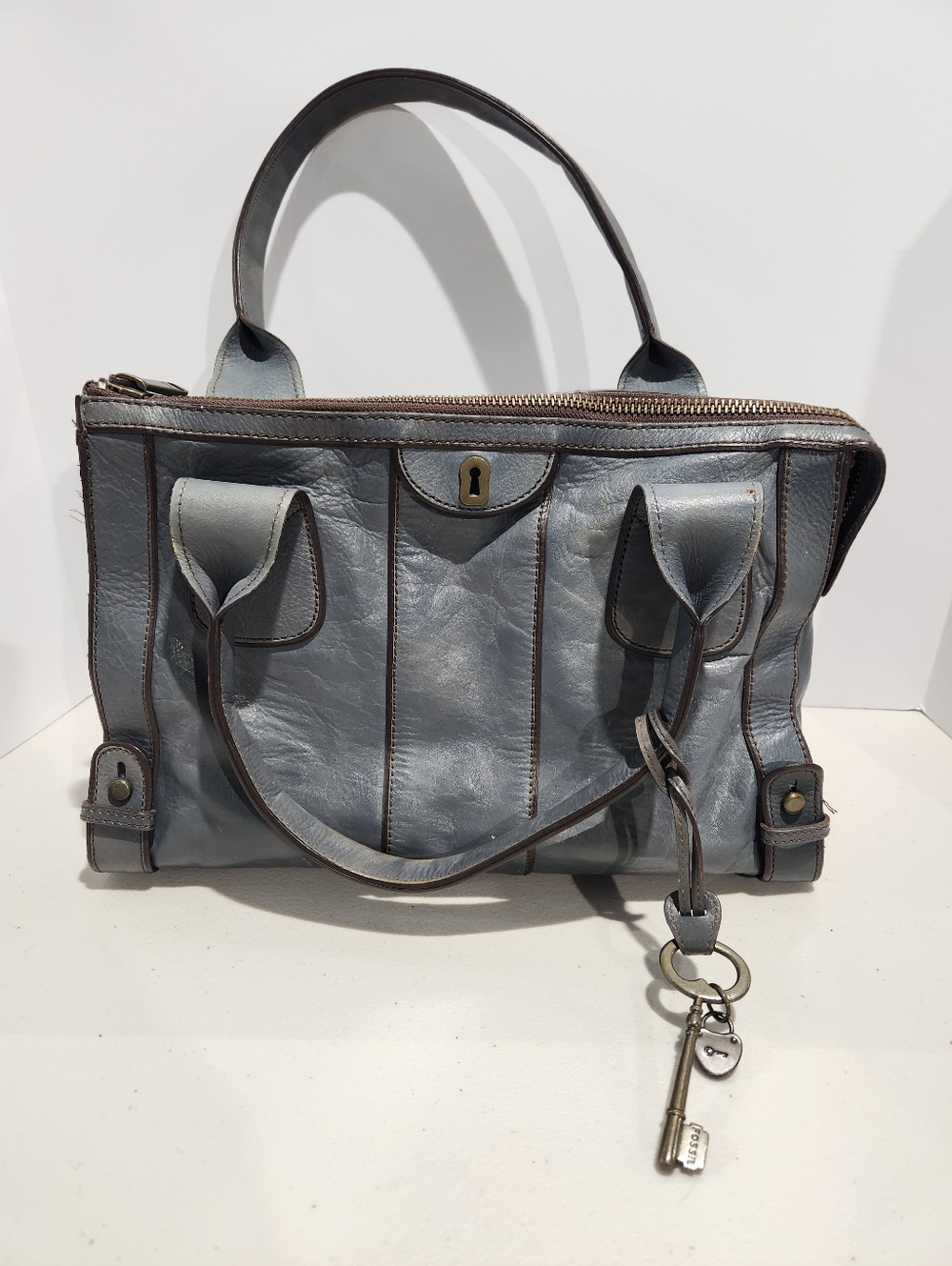 Fossil Vintage Reissue Leather Handbag Satchel Slate Blue With Key Accessory